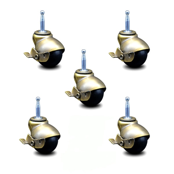 2 Inch Antique Brass Hooded Grip Neck Ball Casters with Brakes SCC, 5PK